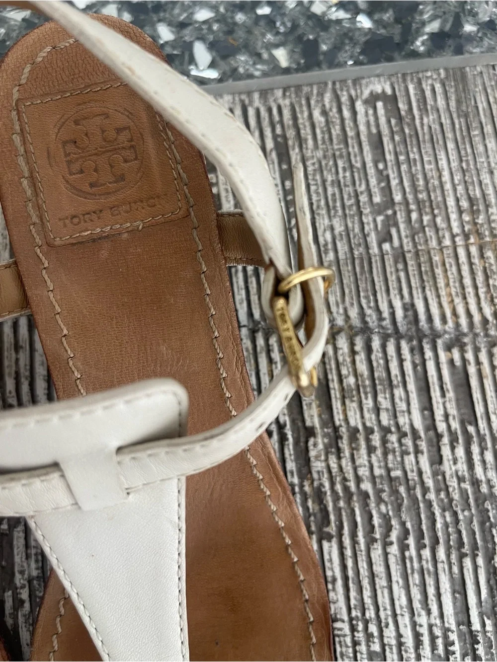 Tory Burch White Leather T-Strap Sandals with Tan Footbed